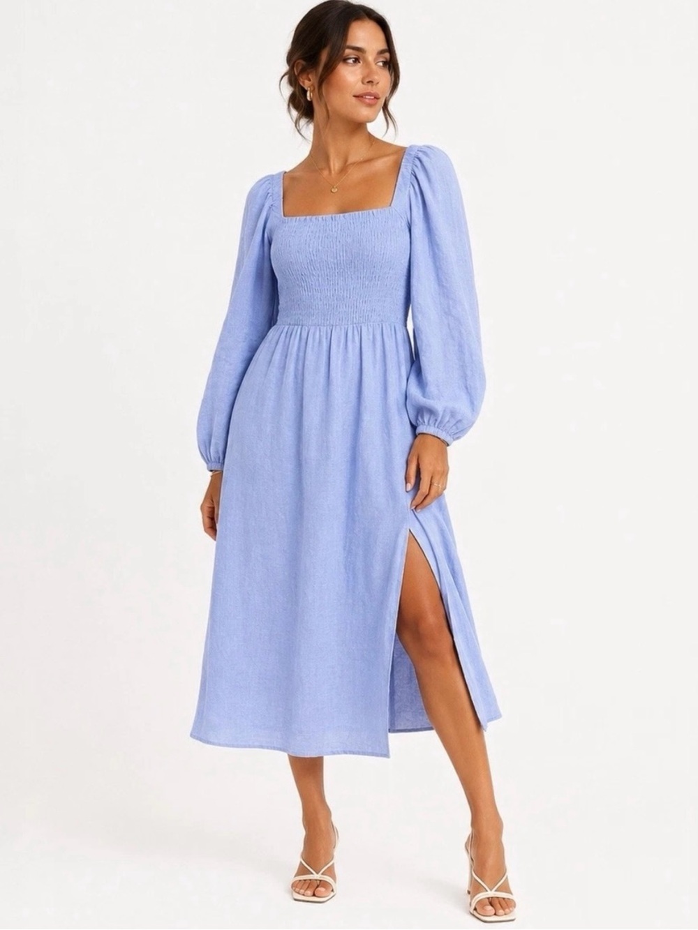 J. Crew daydream lavender periwinkle light blue linen smocked midi dress